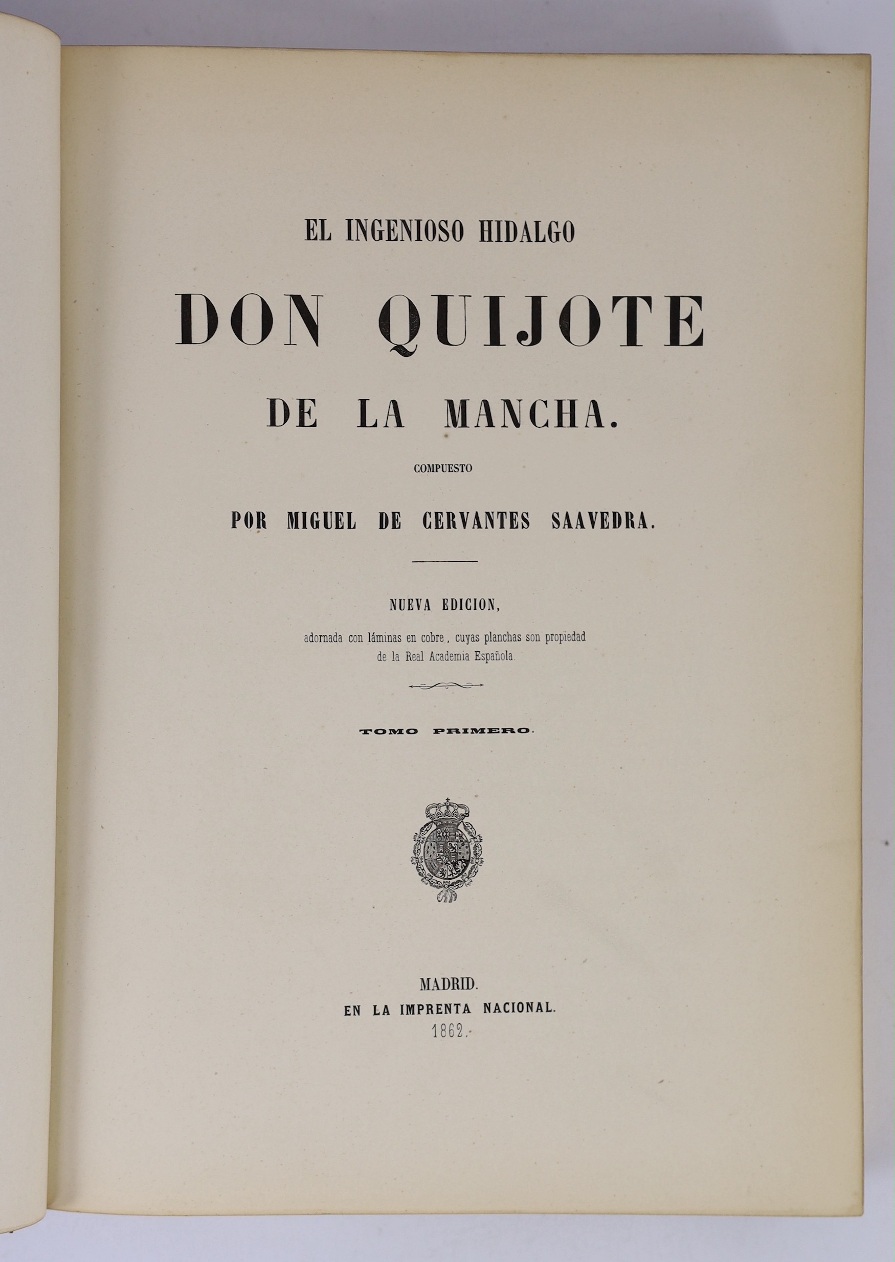 Cervantes Saavedra, Miguel de - Don Quixote de La Mancha, 3 vols, 4to, red morocco gilt, extremities rubbed, watered silk covered end-papers, 41 engraved copper plates from the 1780 edition. En La Imprenta Nacional, Madr